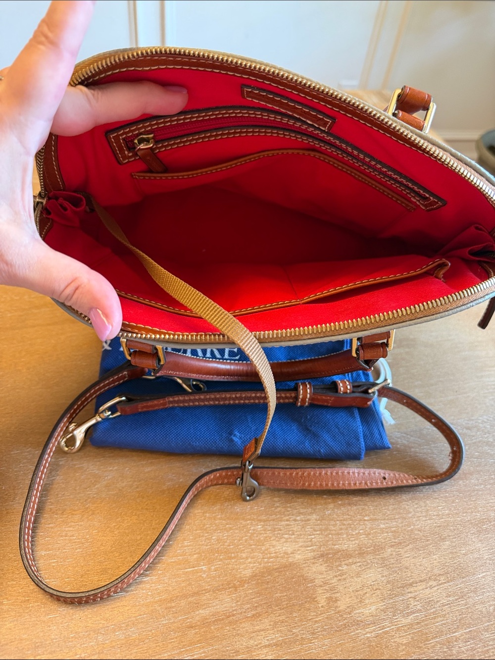 Dooney & Bourke Grey Pebbled Leather Satchel with Brown Trim - Picture 6 of 7